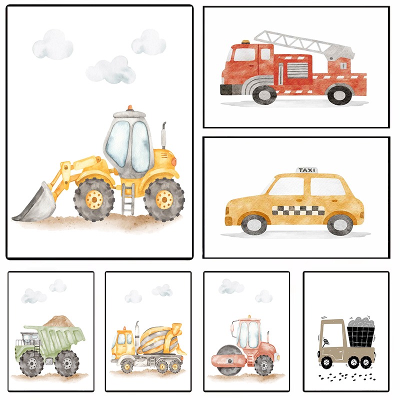 Heavy Equipment Background - Aquarel Voertuigen Wall Art Bouw Vrachtwagens