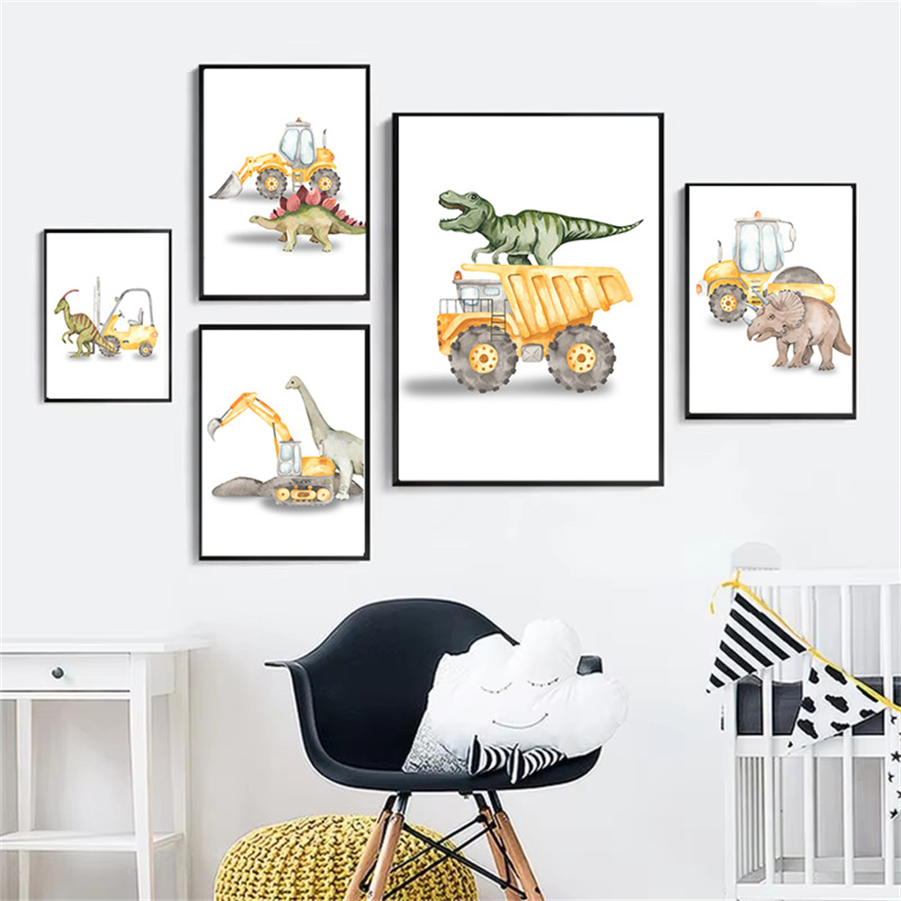 Heavy Equipment Background - Cartoon Dinosaurus Vrachtwagen Tractor Graafmachine Muur