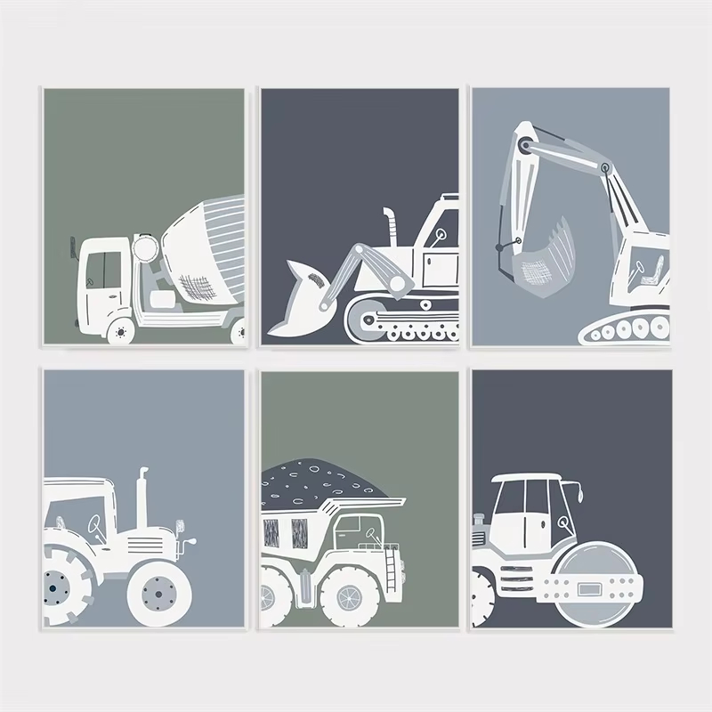 Heavy Equipment Background - Moderne Cartoon Bouwvoertuigen Poster Vrachtwagen Tractor