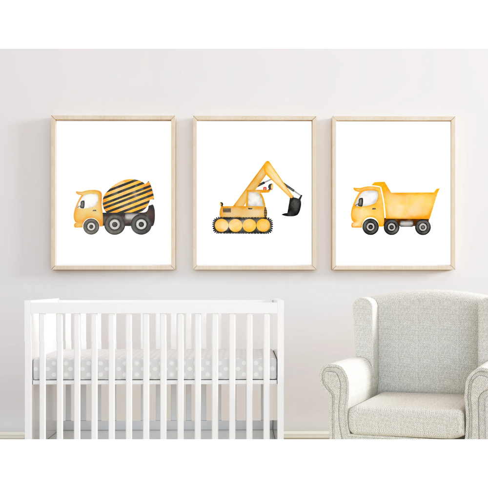 Heavy Equipment Background - 3 stuks minimalistische cartoon bouwvoertuigen kunst